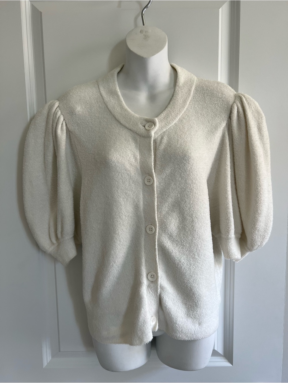 Alice & Olivia Nylon Ivory Puff Sleeve Button Cardigan